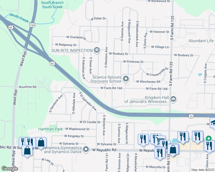 map of restaurants, bars, coffee shops, grocery stores, and more near 3792 South Western Avenue in Springfield