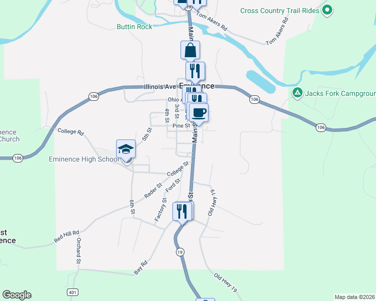 map of restaurants, bars, coffee shops, grocery stores, and more near 17882 3rd Street in Eminence