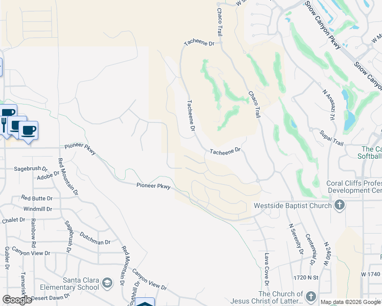 map of restaurants, bars, coffee shops, grocery stores, and more near Pioneer Parkway in Santa Clara