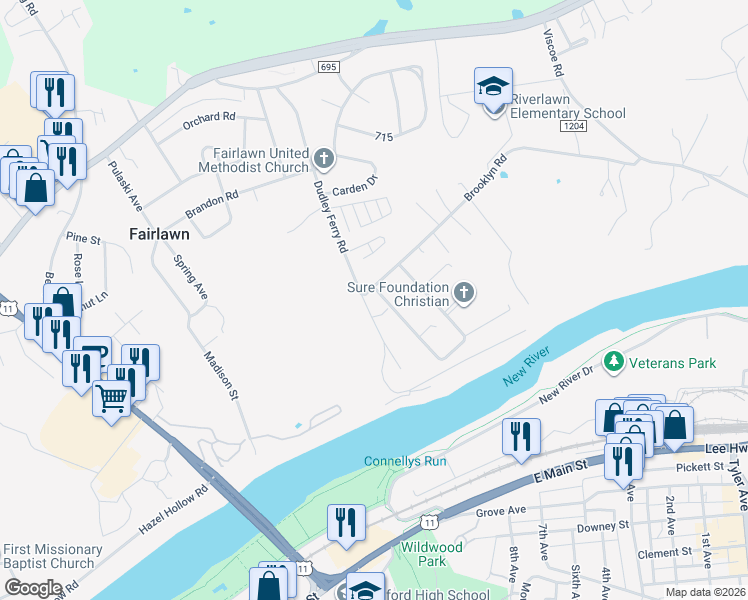 map of restaurants, bars, coffee shops, grocery stores, and more near 6076 Dudley Ferry Road in Fairlawn