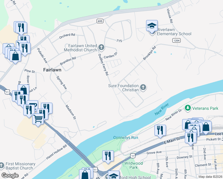 map of restaurants, bars, coffee shops, grocery stores, and more near 6076 Dudley Ferry Road in Fairlawn
