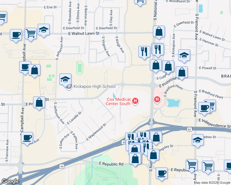 map of restaurants, bars, coffee shops, grocery stores, and more near 830 E Primrose St in Springfield