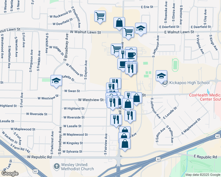 map of restaurants, bars, coffee shops, grocery stores, and more near 509 West Swan Street in Springfield