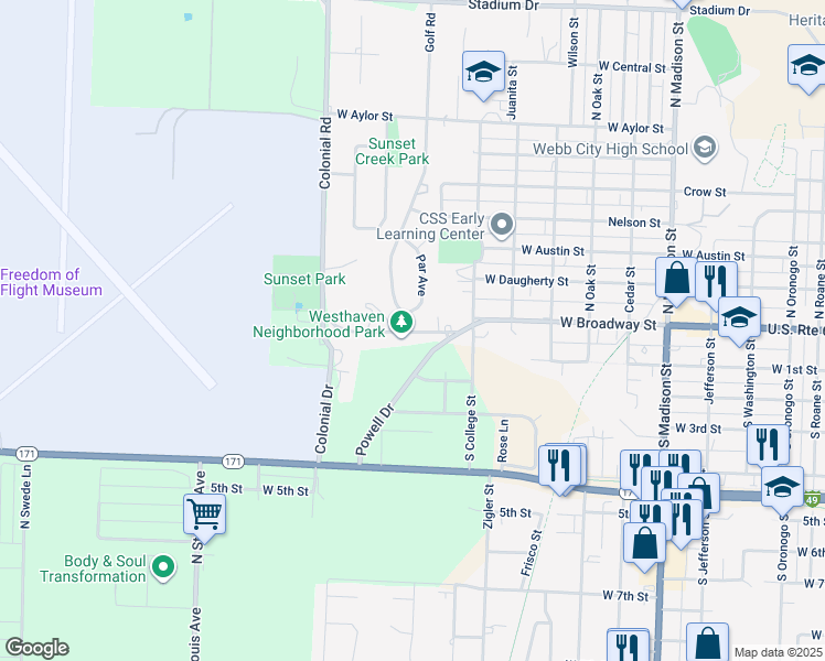 map of restaurants, bars, coffee shops, grocery stores, and more near 1701-1717 West Broadway Street in Webb City