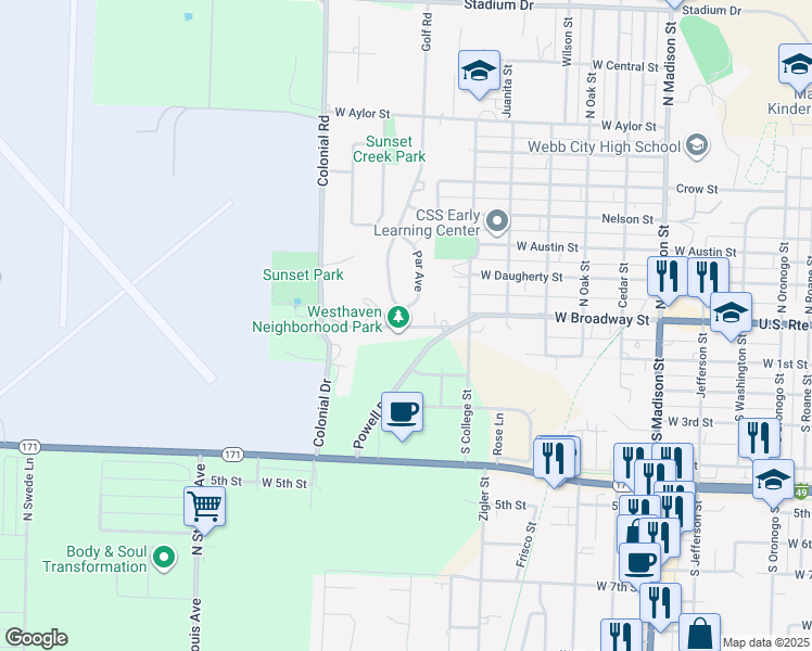map of restaurants, bars, coffee shops, grocery stores, and more near 1701-1717 West Broadway Street in Webb City