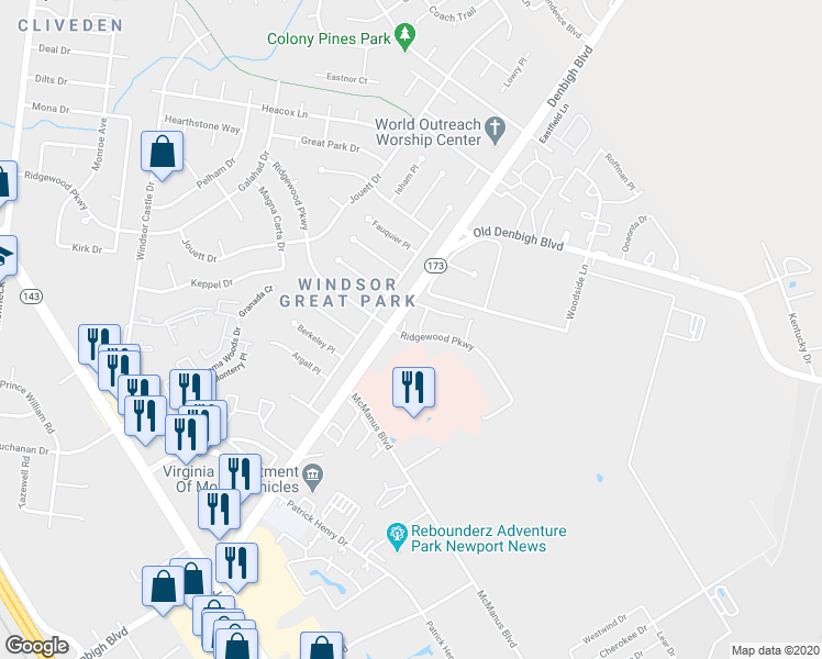map of restaurants, bars, coffee shops, grocery stores, and more near 12750 Saint George Street in Newport News