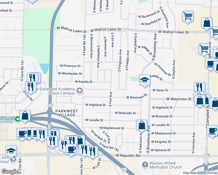 map of restaurants, bars, coffee shops, grocery stores, and more near 1309 West Swan Street in Springfield