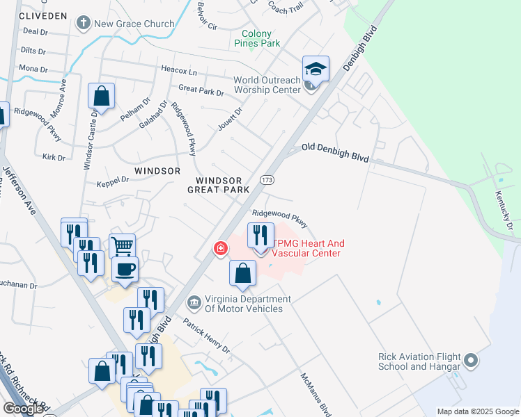 map of restaurants, bars, coffee shops, grocery stores, and more near 12750 Saint George Street in Newport News
