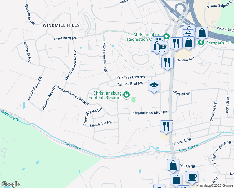 map of restaurants, bars, coffee shops, grocery stores, and more near 225 Gold Leaf Drive Northwest in Christiansburg