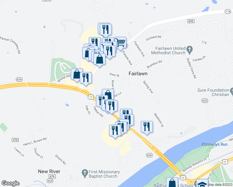 map of restaurants, bars, coffee shops, grocery stores, and more near 6589 Rose Lane in Fairlawn