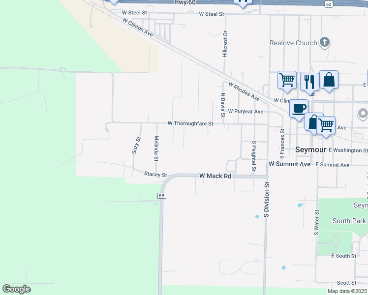 map of restaurants, bars, coffee shops, grocery stores, and more near 299 S Lorraine St in Seymour