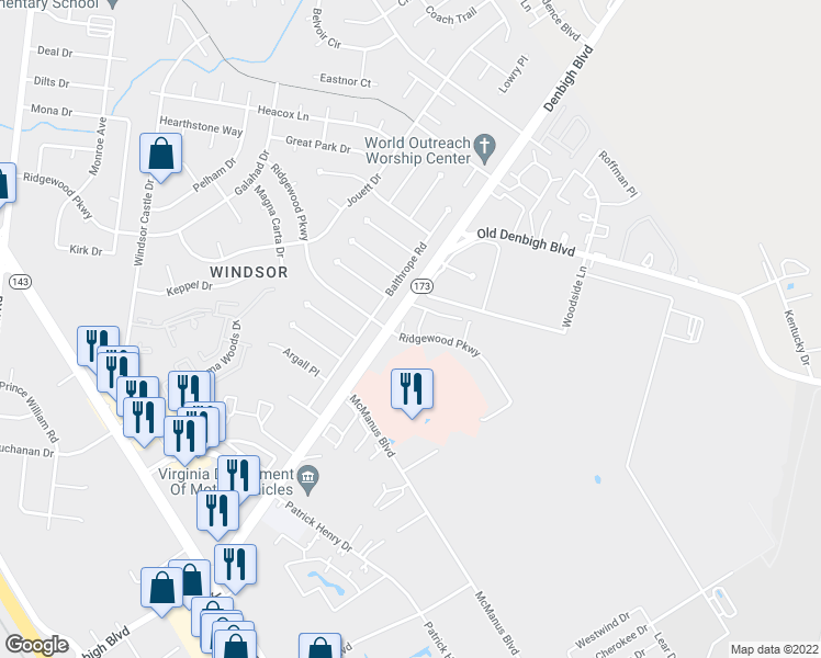map of restaurants, bars, coffee shops, grocery stores, and more near 12750 Saint George Street in Newport News
