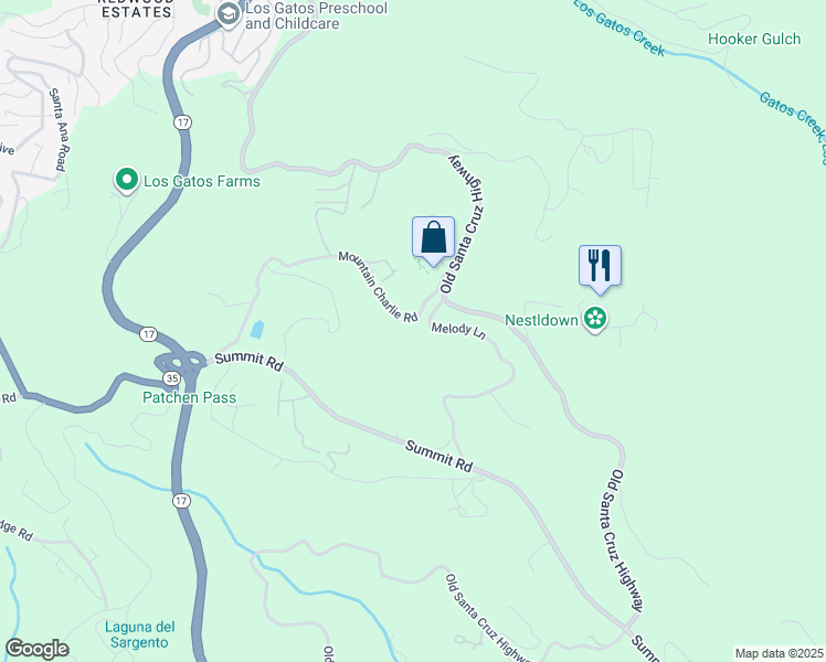map of restaurants, bars, coffee shops, grocery stores, and more near 17030 Melody Lane in Los Gatos
