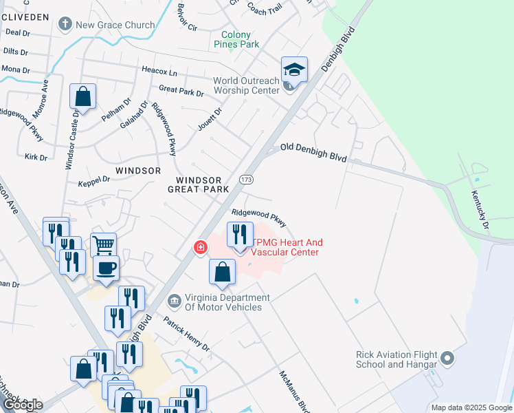 map of restaurants, bars, coffee shops, grocery stores, and more near 6 Ridgewood Parkway in Newport News