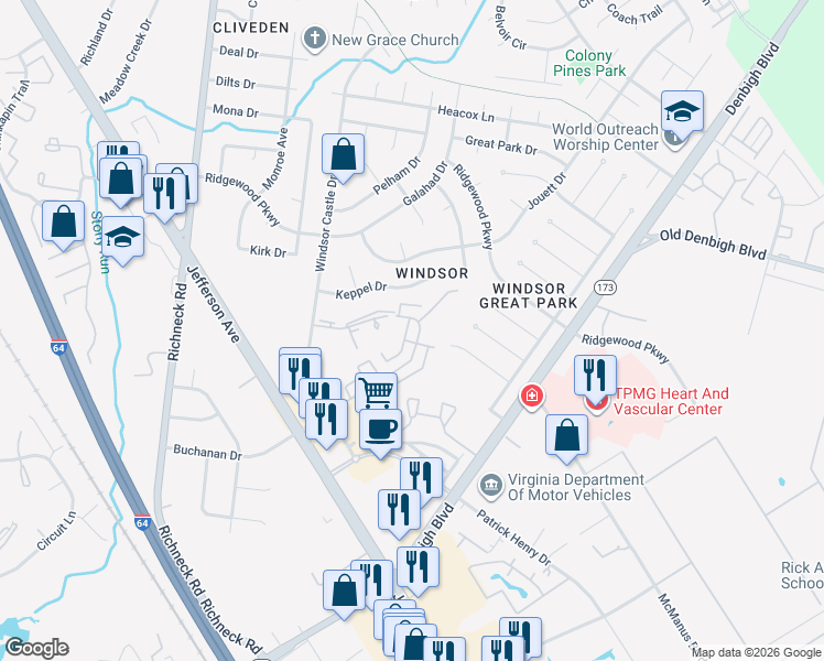 map of restaurants, bars, coffee shops, grocery stores, and more near 1325 Ventura Way in Newport News