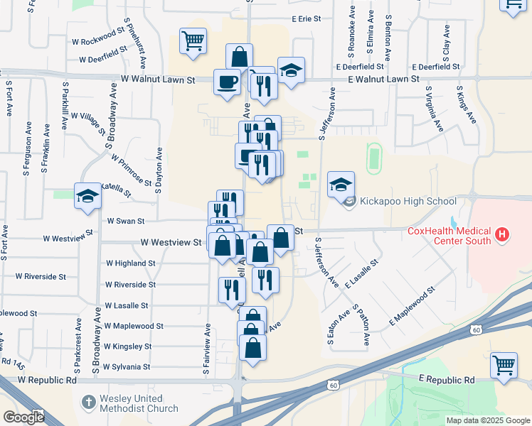 map of restaurants, bars, coffee shops, grocery stores, and more near 3700 South Campbell Avenue in Springfield