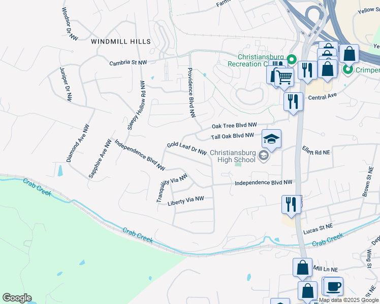 map of restaurants, bars, coffee shops, grocery stores, and more near 360 Gold Leaf Drive Northwest in Christiansburg