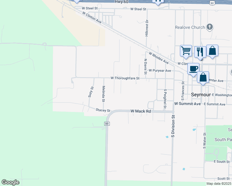 map of restaurants, bars, coffee shops, grocery stores, and more near 299 S Lorraine St in Seymour