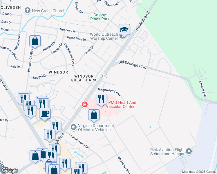 map of restaurants, bars, coffee shops, grocery stores, and more near 6 Ridgewood Parkway in Newport News