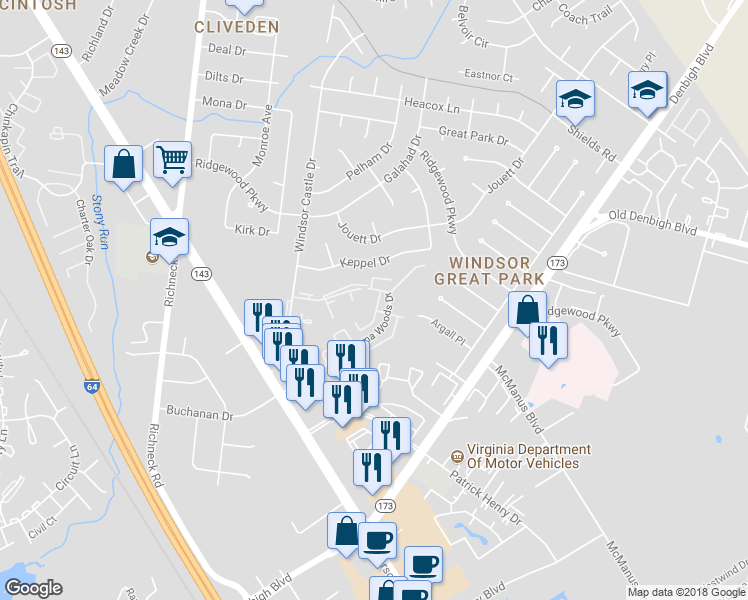 map of restaurants, bars, coffee shops, grocery stores, and more near 1344 Ventura Way in Newport News