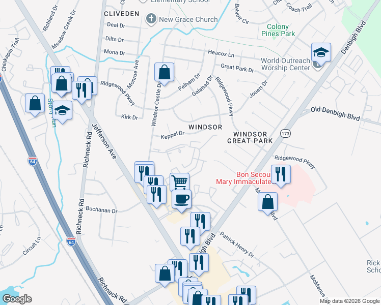 map of restaurants, bars, coffee shops, grocery stores, and more near 1325 Ventura Way in Newport News