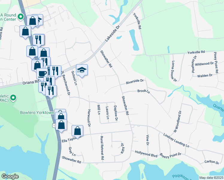 map of restaurants, bars, coffee shops, grocery stores, and more near 107 Larkin Run in Yorktown
