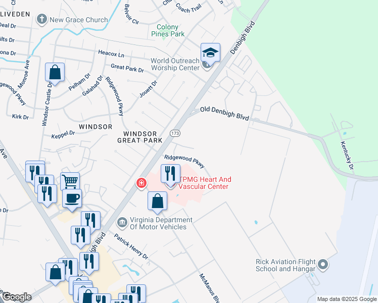 map of restaurants, bars, coffee shops, grocery stores, and more near 6 Ridgewood Parkway in Newport News