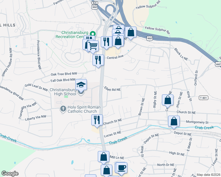 map of restaurants, bars, coffee shops, grocery stores, and more near 65 Ellett Road Northeast in Christiansburg