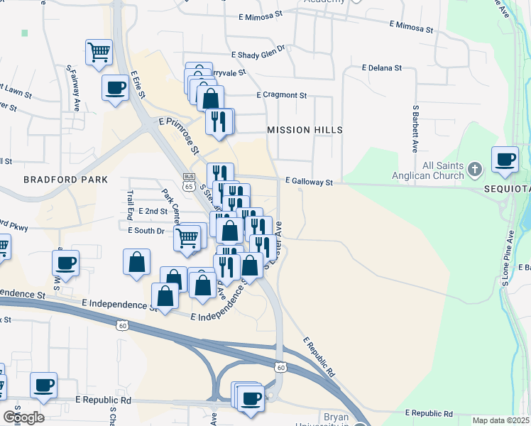 map of restaurants, bars, coffee shops, grocery stores, and more near 3707 South Luster Avenue in Springfield