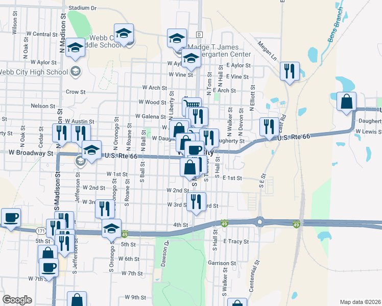 map of restaurants, bars, coffee shops, grocery stores, and more near 9 South Webb Avenue in Webb City
