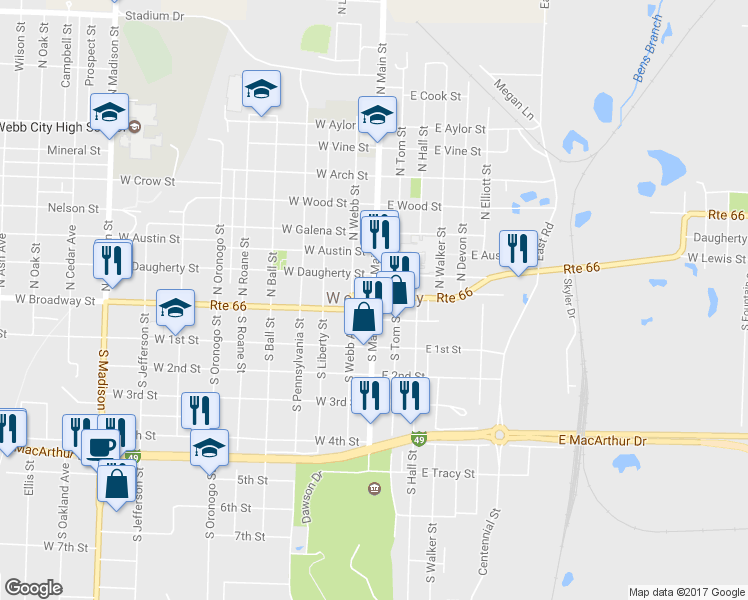 map of restaurants, bars, coffee shops, grocery stores, and more near 1-99 North Main Street in Webb City