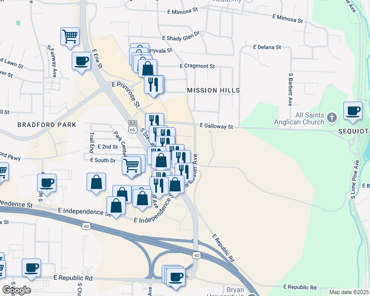 map of restaurants, bars, coffee shops, grocery stores, and more near 3659 South Luster Avenue in Springfield