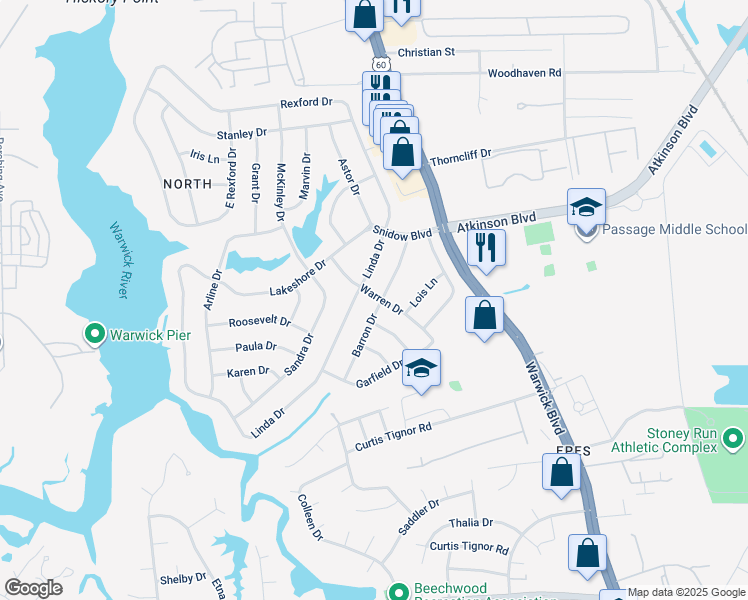 map of restaurants, bars, coffee shops, grocery stores, and more near 26 Warren Drive in Newport News
