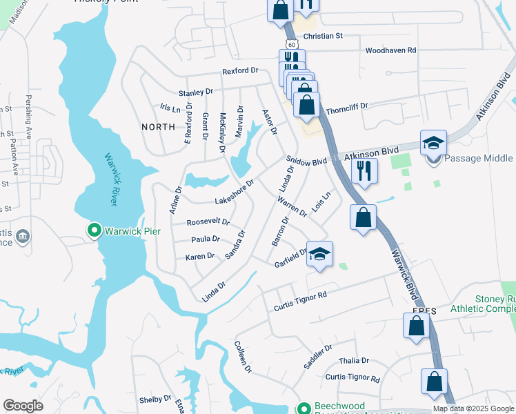 map of restaurants, bars, coffee shops, grocery stores, and more near 23 Sandra Drive in Newport News