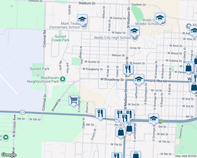 map of restaurants, bars, coffee shops, grocery stores, and more near 101 North Ash Avenue in Webb City