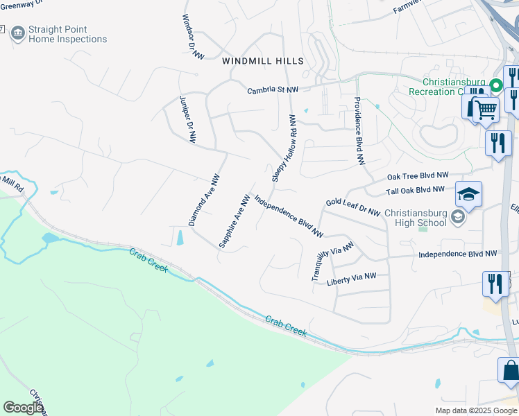 map of restaurants, bars, coffee shops, grocery stores, and more near 1450 Sleepy Hollow Road Northwest in Christiansburg