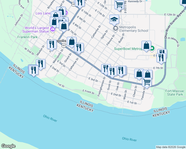 map of restaurants, bars, coffee shops, grocery stores, and more near 550-698 East 3rd Street in Metropolis