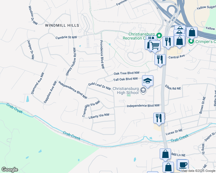 map of restaurants, bars, coffee shops, grocery stores, and more near 215 Gold Leaf Drive Northwest in Christiansburg