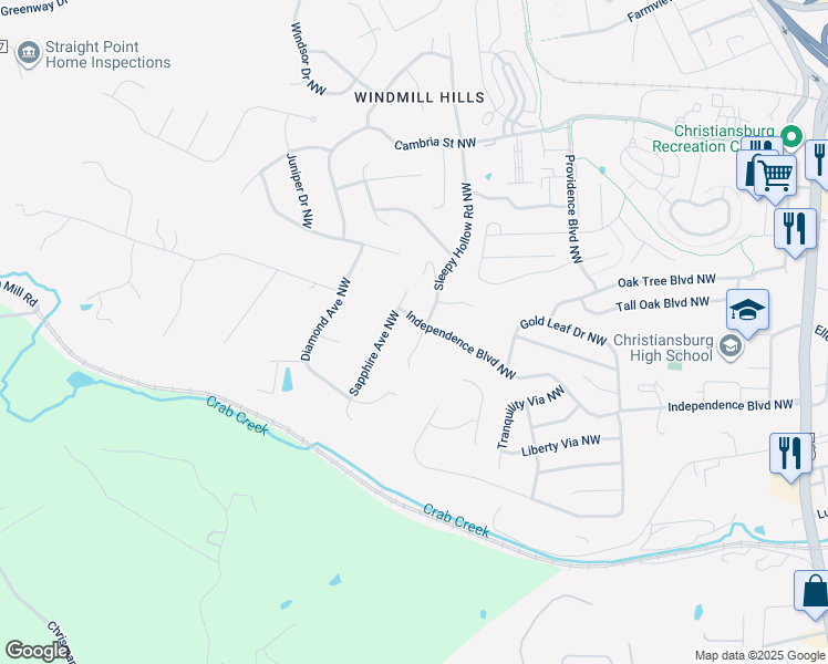 map of restaurants, bars, coffee shops, grocery stores, and more near 1450 Sleepy Hollow Road Northwest in Christiansburg
