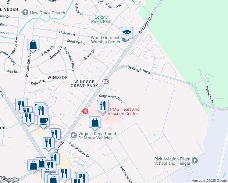 map of restaurants, bars, coffee shops, grocery stores, and more near 12765 Saint James Place in Newport News