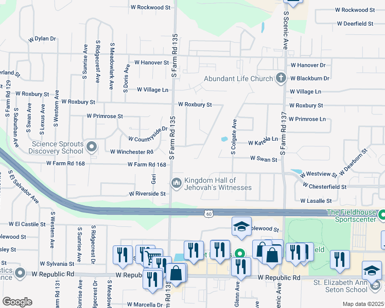 map of restaurants, bars, coffee shops, grocery stores, and more near 3015 West Hillcrest Circle in Springfield