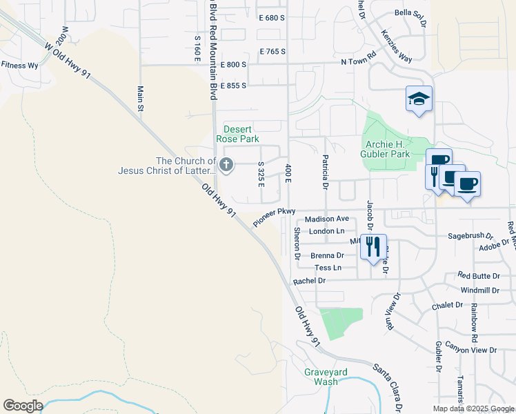 map of restaurants, bars, coffee shops, grocery stores, and more near 318 1175 South in Ivins