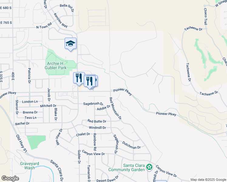 map of restaurants, bars, coffee shops, grocery stores, and more near Pioneer Parkway in Santa Clara
