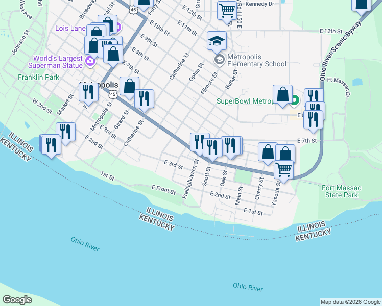 map of restaurants, bars, coffee shops, grocery stores, and more near 400 Butler Street in Metropolis