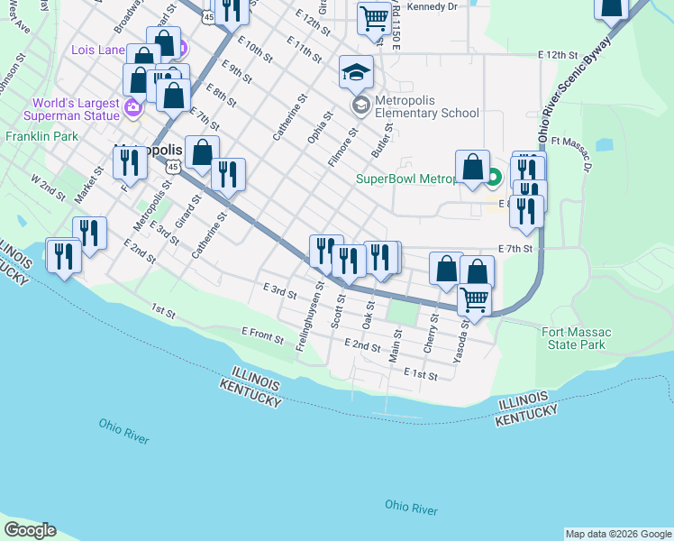 map of restaurants, bars, coffee shops, grocery stores, and more near 412-414 Frelinghuysen St in Metropolis