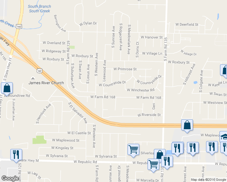 map of restaurants, bars, coffee shops, grocery stores, and more near 3457 West Farm Road 168 in Springfield