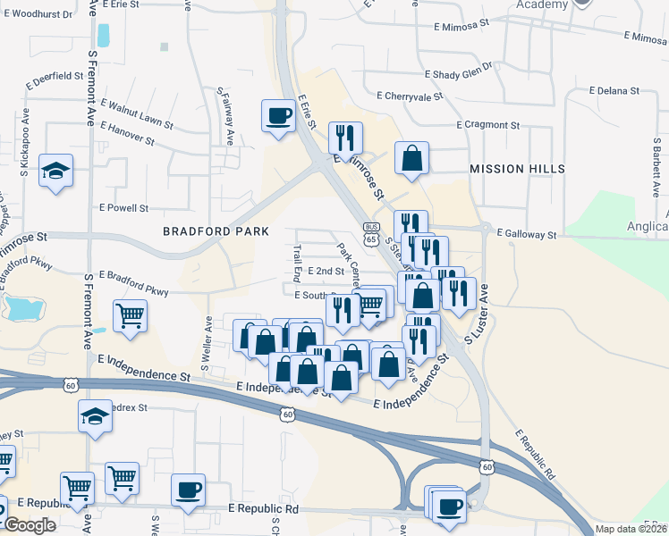 map of restaurants, bars, coffee shops, grocery stores, and more near East 1st Street in Springfield