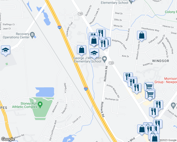 map of restaurants, bars, coffee shops, grocery stores, and more near 470 Charter Oak Drive in Newport News