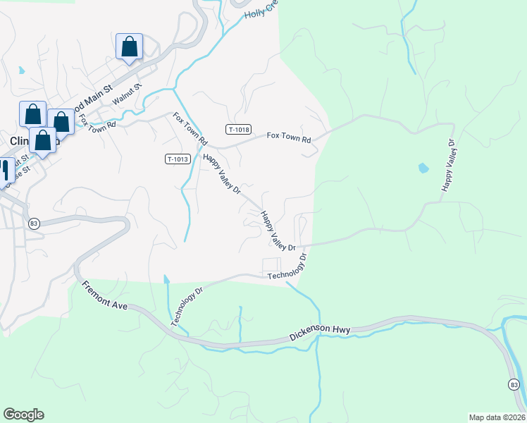 map of restaurants, bars, coffee shops, grocery stores, and more near 477 Happy Valley Drive in Clintwood