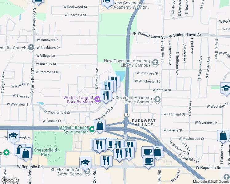 map of restaurants, bars, coffee shops, grocery stores, and more near 2104 West Chesterfield Street in Springfield